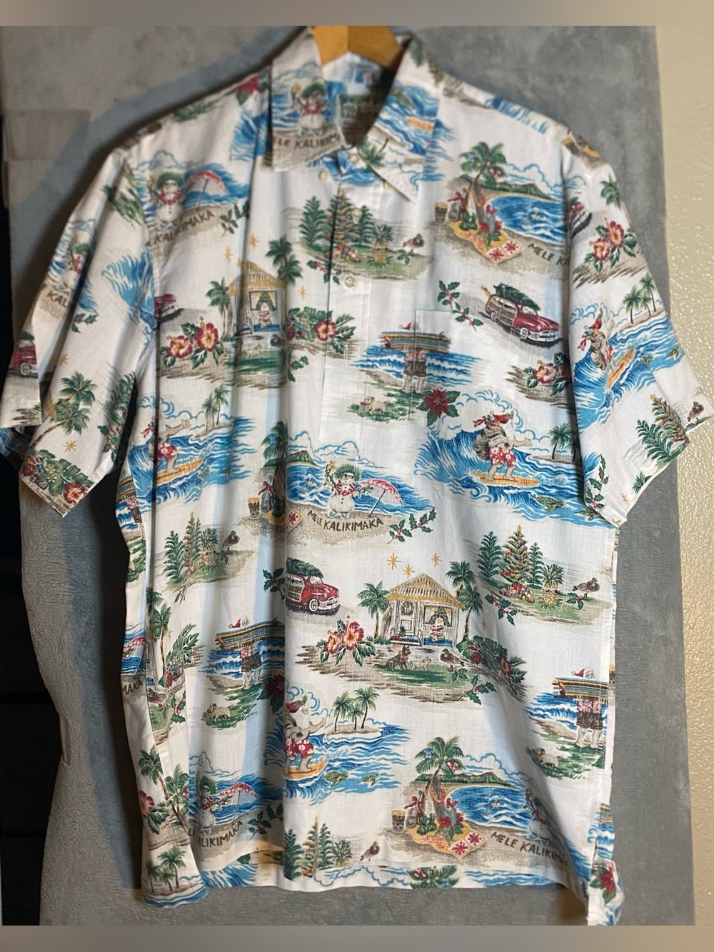 VGC! Reyn Spooner Mele Kalikimaka Shirt Hawaiian Christmas Santa Surfing Large